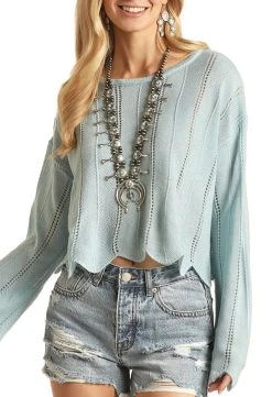 Scalloped Long Sleeve Cropped Sweater #46-3057