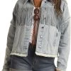 Light Wash Studded Fringe Denim Jacket #52-3706