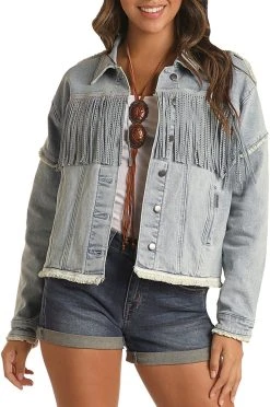 Light Wash Studded Fringe Denim Jacket #52-3706