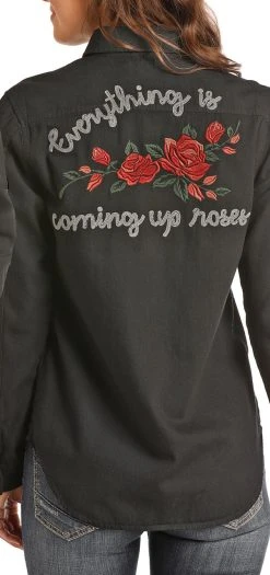 Rose Embroidered Black Denim Shirt #B4B8051 -RodeoRave B4B8051 AZ 30532.1602012035