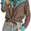 Retro Floral Print Long Sleeve Snap Shirt #B4S3044