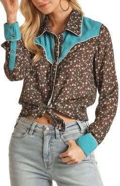 Retro Floral Print Long Sleeve Snap Shirt #B4S3044
