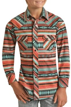 Aztec Stripe Pattern Long Sleeve Snap Shirt (RRBSOSR0Q8)