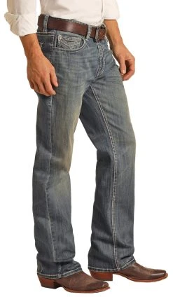 Relaxed Fit Stretch V Stitch Medium Wash Straight Bootcut Jeans -RodeoRave RRMD0SR0L6 BZ 43706.1670354126