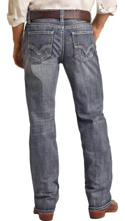 Relaxed Fit Ladder Stitch Medium Wash Straight Bootcut Jeans