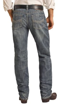 Relaxed Fit Two Tone V Stitch Stackable Bootcut Jeans