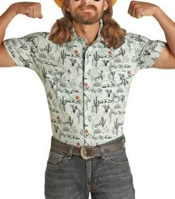 Slim Fit Cactus Print Short Sleeve Snap Shirt (RRMS1SR0Q7)