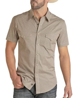 Slim Fit Geo Pattern Short Sleeve Snap Shirt (RRMS1SR0Q9)