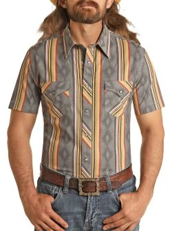 Slim Fit Serape Stripe Short Sleeve Snap Shirt (RRMS1SR0QL)