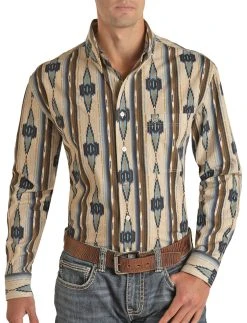 Regular Fit Aztec Pattern Long Sleeve Button Shirt (RRMSODR0QB)