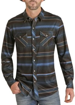 Slim Fit Blue And Brown Stripe Print Brushed Knit Shirt