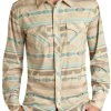 Slim Fit Tan And Turquoise Aztec Print Brushed Knit Shirt