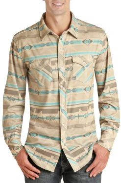 Slim Fit Tan And Turquoise Aztec Print Brushed Knit Shirt