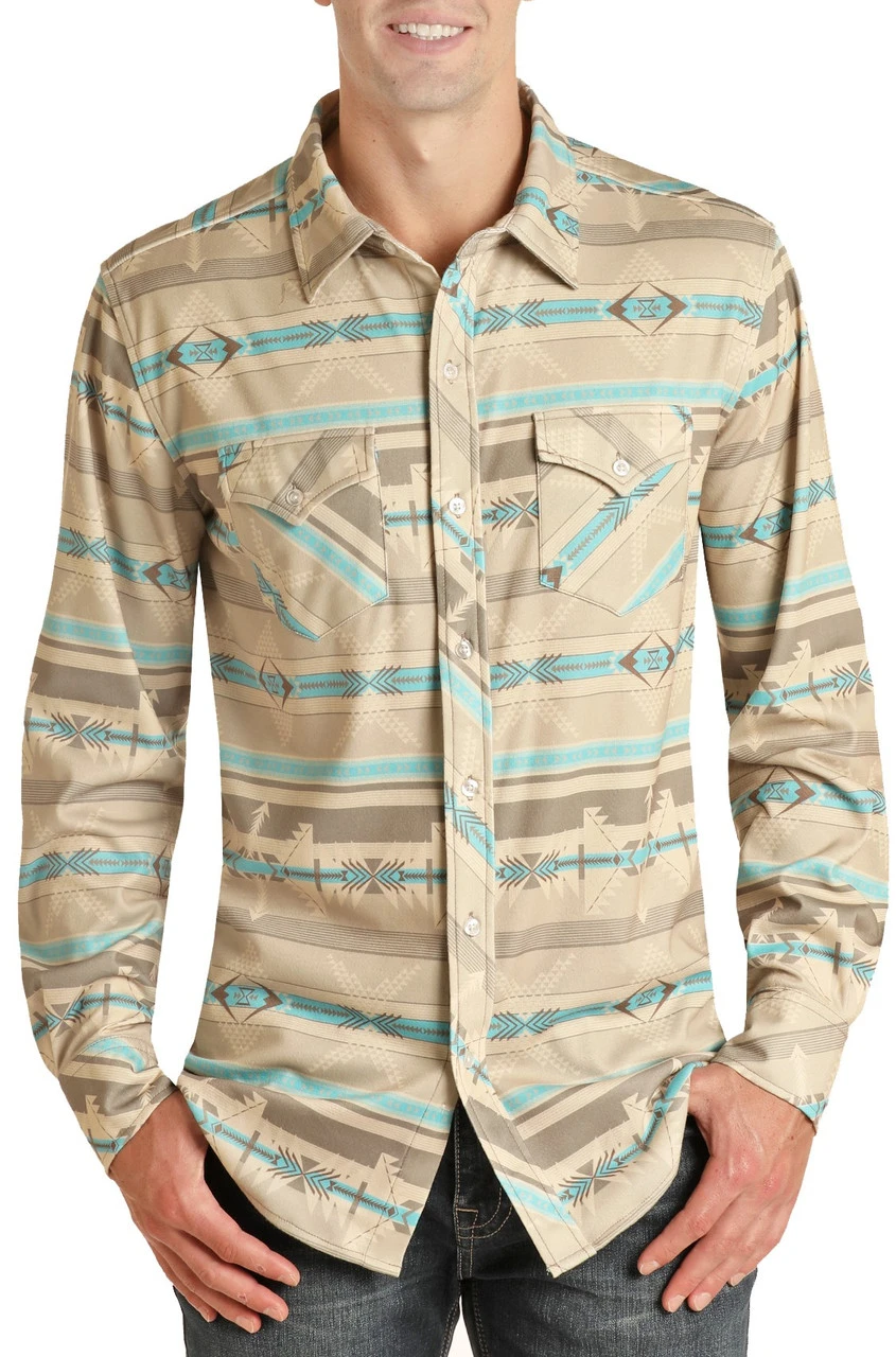 Slim Fit Tan And Turquoise Aztec Print Brushed Knit Shirt