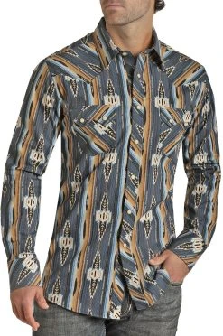 Slim Fit Blue Aztec Print Long Sleeve Snap Shirt