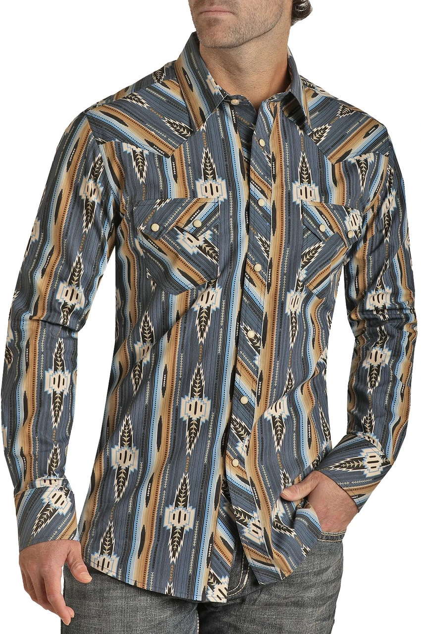 Slim Fit Blue Aztec Print Long Sleeve Snap Shirt
