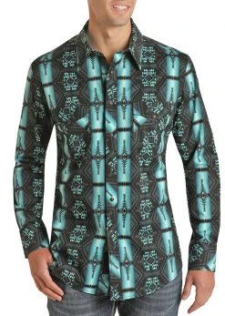 Slim Fit Aztec Stripe Long Sleeve Snap Shirt (RRMSOSR0Q1)