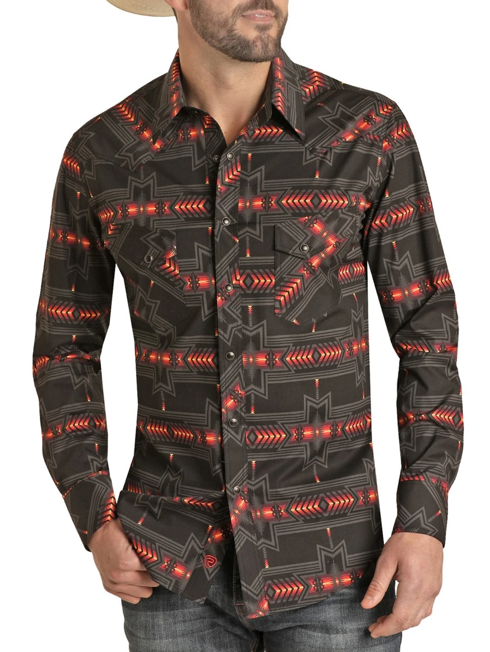 Slim Fit Aztec Pattern Long Sleeve Snap Shirt (RRMSOSR0Q5) 1 Slim Fit Aztec Pattern Long Sleeve Snap Shirt (RRMSOSR0Q5)