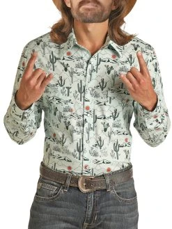Slim Fit Cactus Print Long Sleeve Snap Shirt (RRMSOSR0Q7)