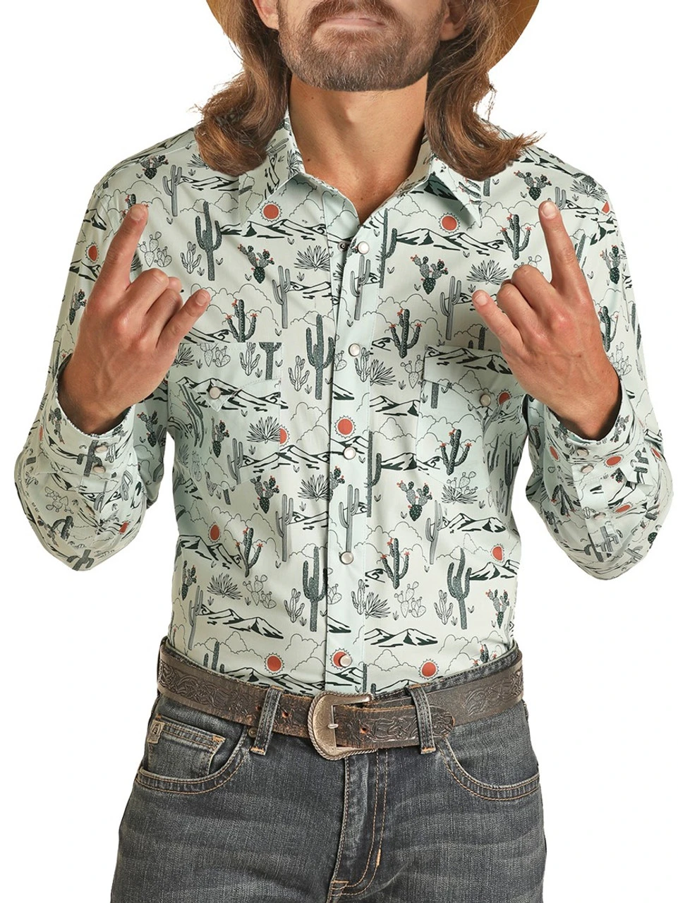 Slim Fit Cactus Print Long Sleeve Snap Shirt (RRMSOSR0Q7) 1 Slim Fit Cactus Print Long Sleeve Snap Shirt (RRMSOSR0Q7)