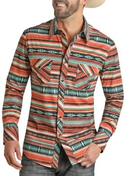 Slim Fit Aztec Stripe Long Sleeve Snap Shirt (RRMSOSR0Q8)