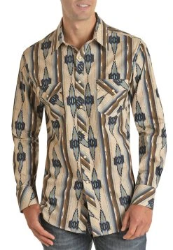 Slim Fit Aztec Pattern Long Sleeve Snap Shirt (RRMSOSR0QB)