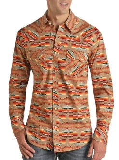 Slim Fit Aztec Pattern Long Sleeve Snap Shirt (RRMSOSR0QE)