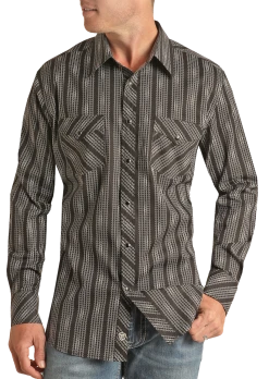Slim Fit Geo Stripe Long Sleeve Snap Shirt (RRMSOSR0QG)