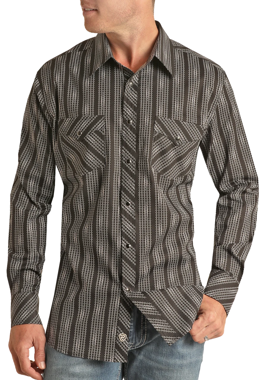 Slim Fit Geo Stripe Long Sleeve Snap Shirt (RRMSOSR0QG)