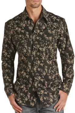 Slim Fit Charcoal Floral Print Snap Shirt