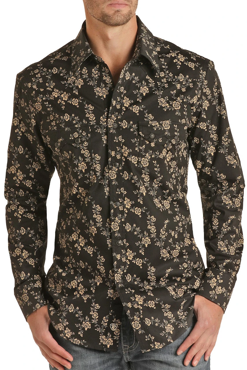 Slim Fit Charcoal Floral Print Snap Shirt
