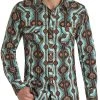 Slim Fit Brown And Turquoise Aztec Print Snap Shirt