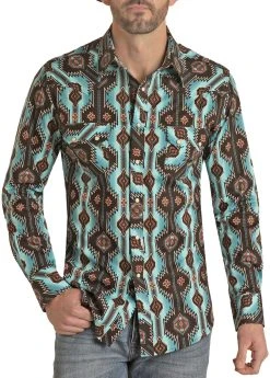 Slim Fit Brown And Turquoise Aztec Print Snap Shirt