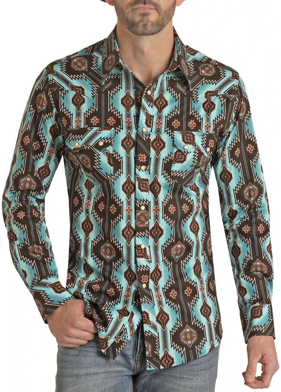 Slim Fit Brown And Turquoise Aztec Print Snap Shirt 1 Slim Fit Brown And Turquoise Aztec Print Snap Shirt