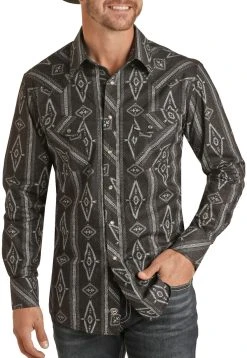 Slim Fit Charcoal Tonal Aztec Print Snap Shirt