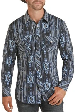Slim Fit Tonal Blue Aztec Print Snap Shirt