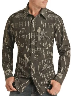 Vintage '46 Slim Fit Grey Rodeo Print Snap Shirt