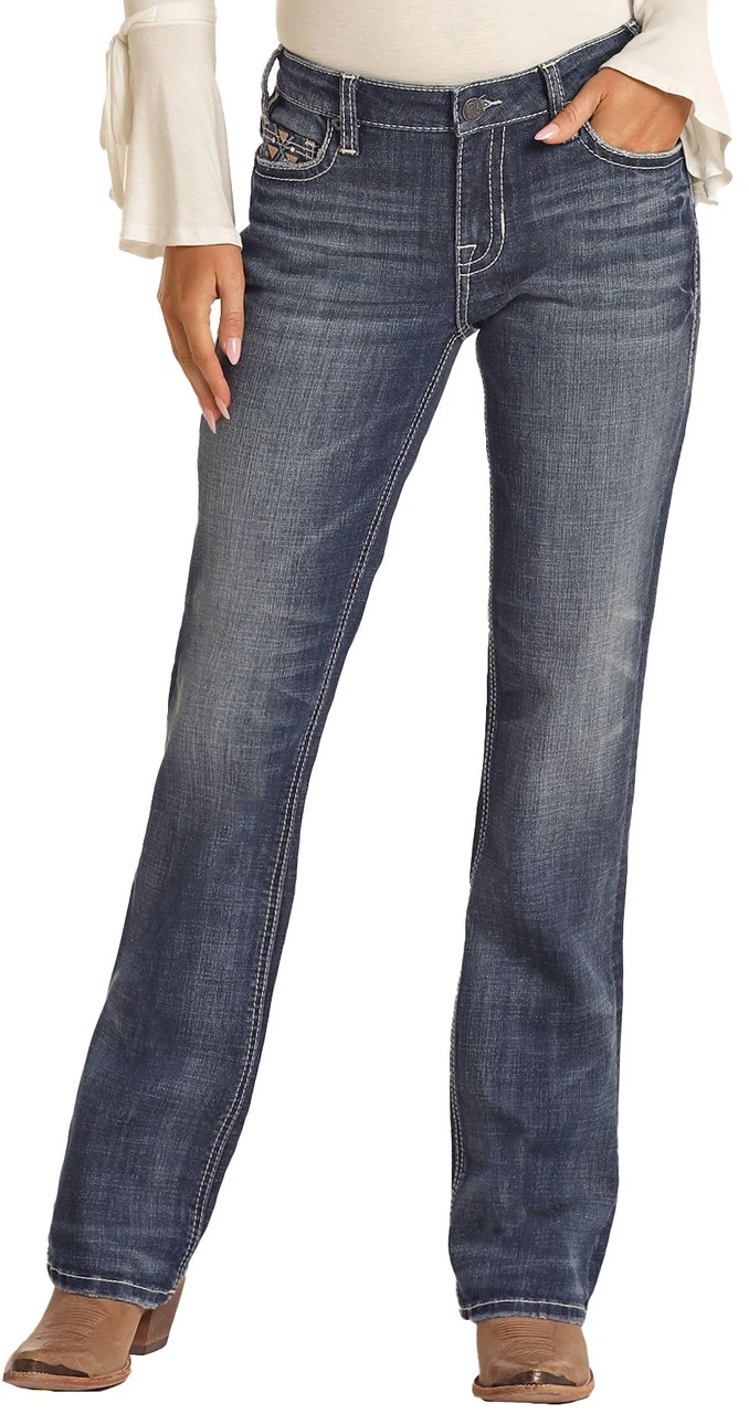 Mid Rise Stretch Aztec Leather Embroidered Bootcut Jeans 2 Mid Rise Stretch Aztec Leather Embroidered Bootcut Jeans - Image 2