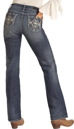 Mid Rise Stretch Aztec Leather Embroidered Bootcut Jeans