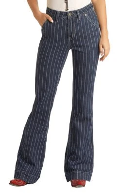 High Rise Extra Stretch Dark Wash Striped Trousers