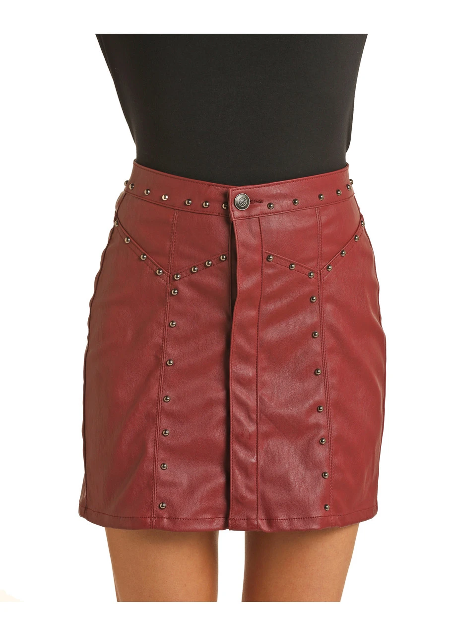 Burgundy Extra Stretch Pleather Studded Skirt 3 Burgundy Extra Stretch Pleather Studded Skirt - Image 3