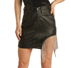 High Rise Extra Stretch Pleather Skirt With Chain Fringe