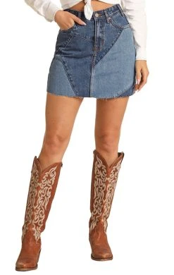Two Tone Patch Denim Skirt (RRWD69R0VG)