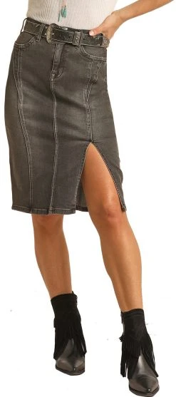 High Rise Stretch Knee Length Denim Skirt