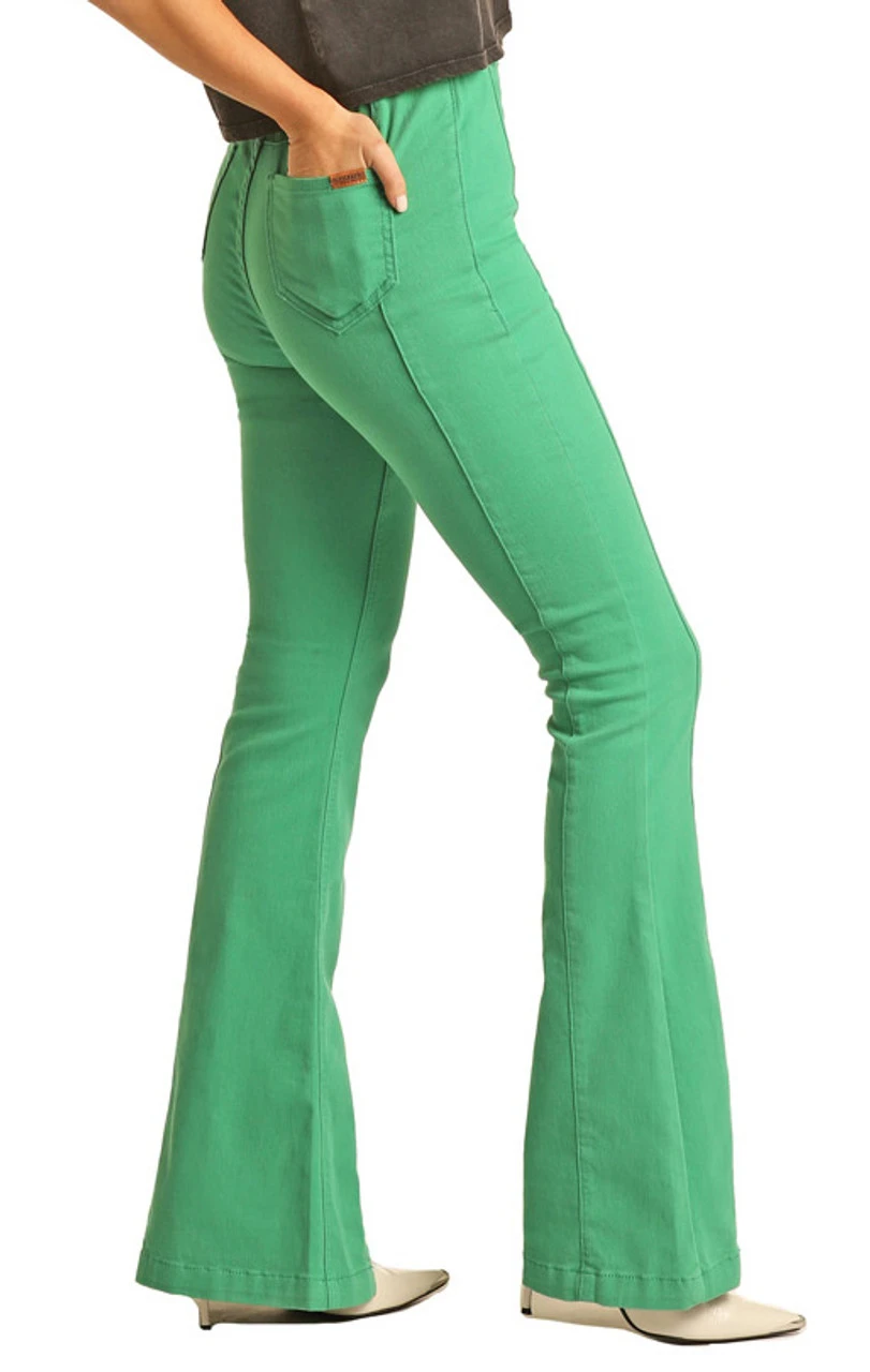 Bargain Bells High Rise Stretch Kelly Green Pull-On Flare Jeans 3 Bargain Bells High Rise Stretch Kelly Green Pull-On Flare Jeans - Image 3