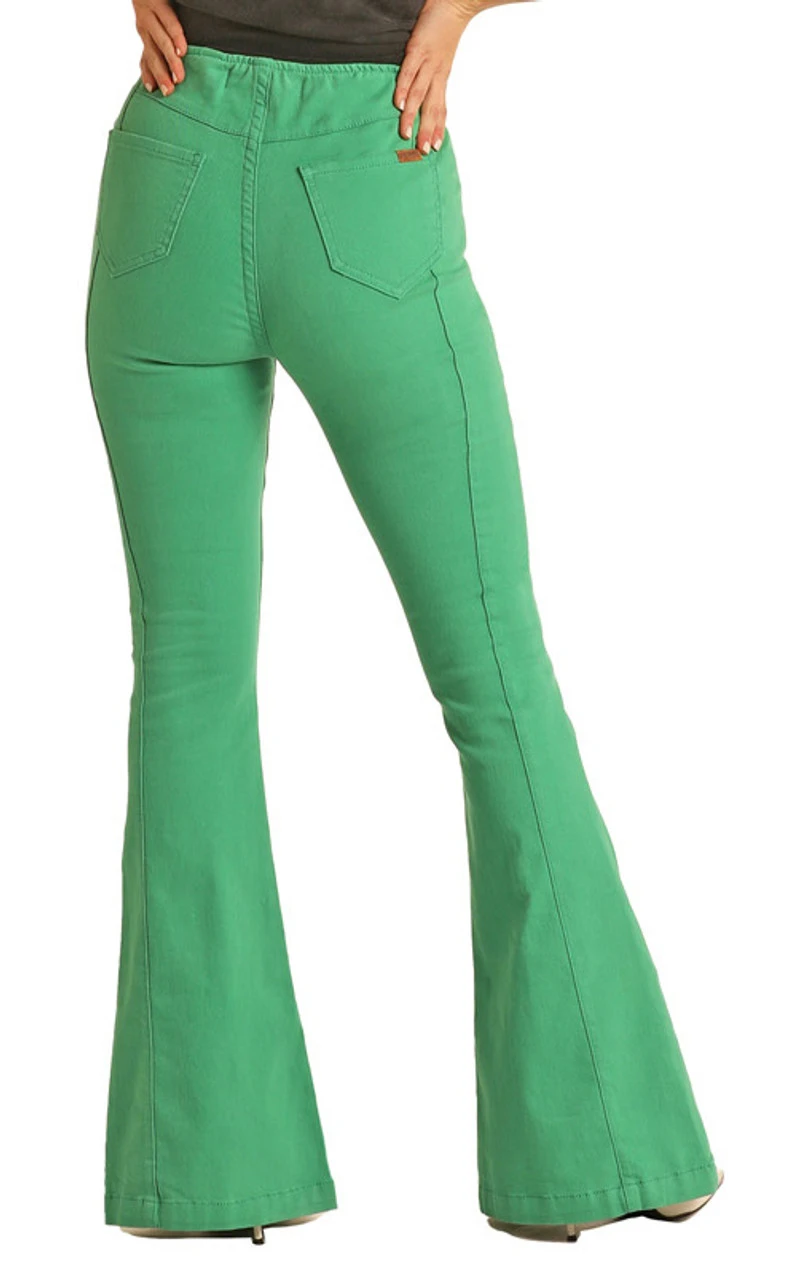 Bargain Bells High Rise Stretch Kelly Green Pull-On Flare Jeans 2 Bargain Bells High Rise Stretch Kelly Green Pull-On Flare Jeans - Image 2