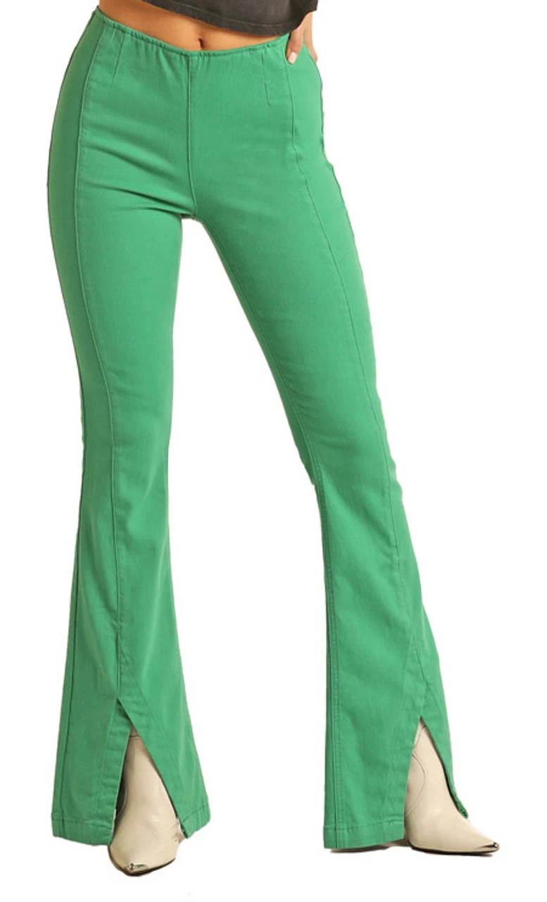 Bargain Bells High Rise Stretch Kelly Green Pull-On Flare Jeans 1 Bargain Bells High Rise Stretch Kelly Green Pull-On Flare Jeans