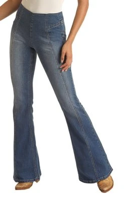 Bargain Bells High Rise Stretch Medium Wash Pull-On Flare Jeans