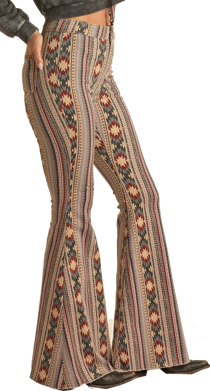 High Rise Stretch Tan Aztec Bell Bottom Jeans 3 High Rise Stretch Tan Aztec Bell Bottom Jeans - Image 3