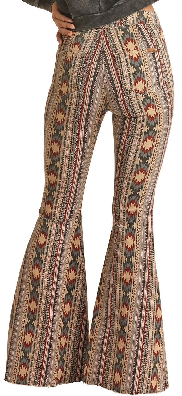 High Rise Stretch Tan Aztec Bell Bottom Jeans 2 High Rise Stretch Tan Aztec Bell Bottom Jeans - Image 2